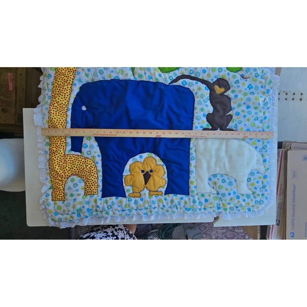 VTG Jungle Animal Quilted baby blanket decor Eyelet Lace Nursery Zoo handmade